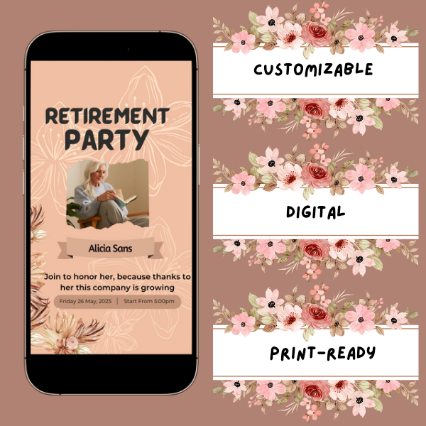 This digital retirement party Invitation template is editable in Canva, Printable, Neutral, Instantly downloaded .