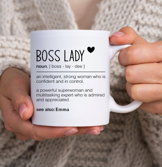 Personalised Boss lady definition Promotion Office Two-Tone Coffee Mug - gift for boss lady, gift for women, office work mug, personalised present, funny boss keepsake, new job promotion, congratulations gift, supervisor manager, custom work bestie, coworker leaving, female empowerment, boss thank you gift